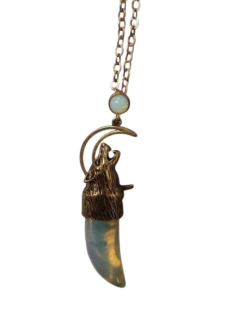 Wolf Crescent Moon Necklace with Blue Opal Pendant - Picture 5 of 10